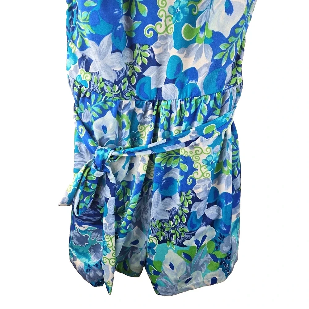 VTG MAXINE OF HOLLYWOOD FLORAL SWIMSUIT 16 one pc Tie Belt ROMPER STYLE